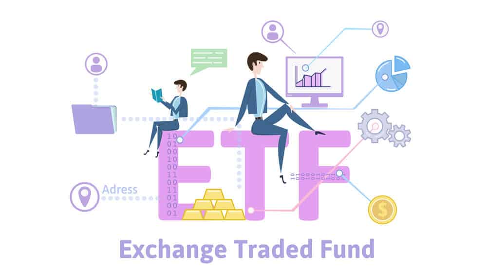 ETF, Exchange Traded Funds. Concept table with keywords, letters and icons. Colored flat vector illustration on white background.